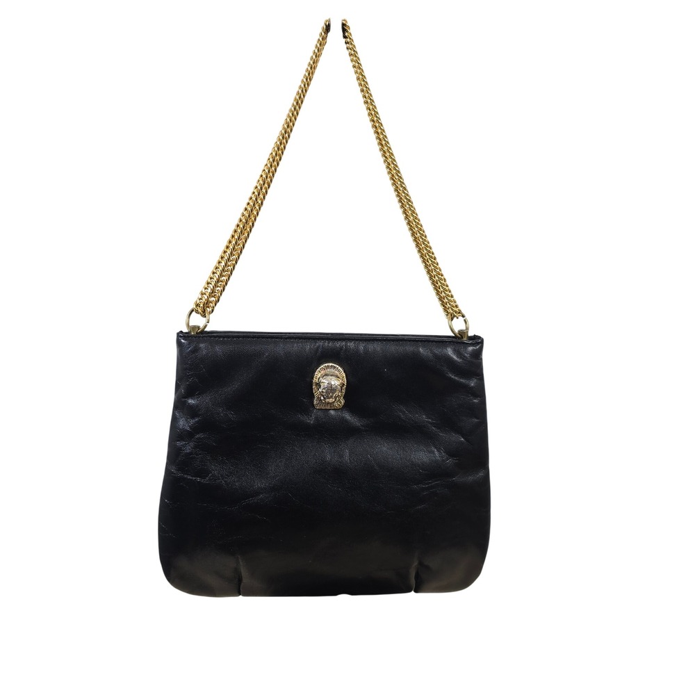 Ruth Saltz Black Leather Lion Head Gold Chain Shoulder Bag Small Vintage 80s
